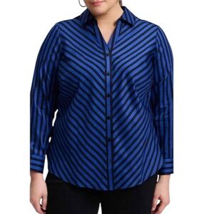 Foxcroft Mary Stripe & Gingham Long Sleeve Button Down Shirt Size 16W Sapphire
